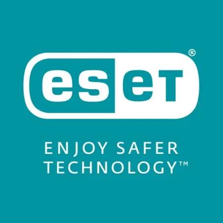 ESET Gold Partner ESET-Logo mit dem Slogan "Enjoy Safer Technology" auf türkisfarbenem Hintergrund.